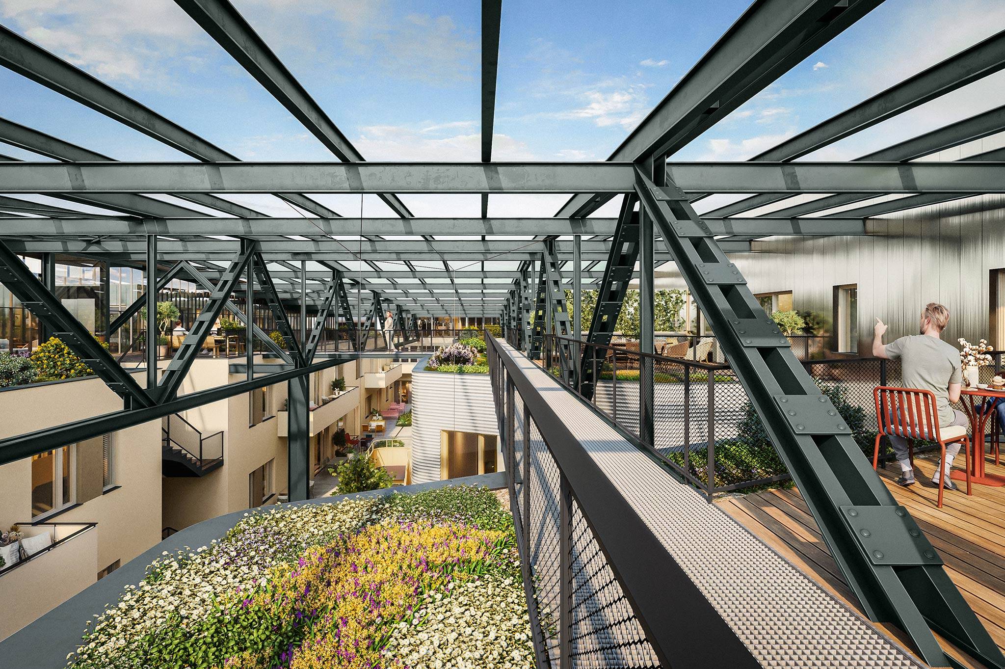 3D-Visualisierung Atrium: Blick durch das historische Stahltragwerk auf Balkone, Terrassen und direkten Zugang zum Freiraum.