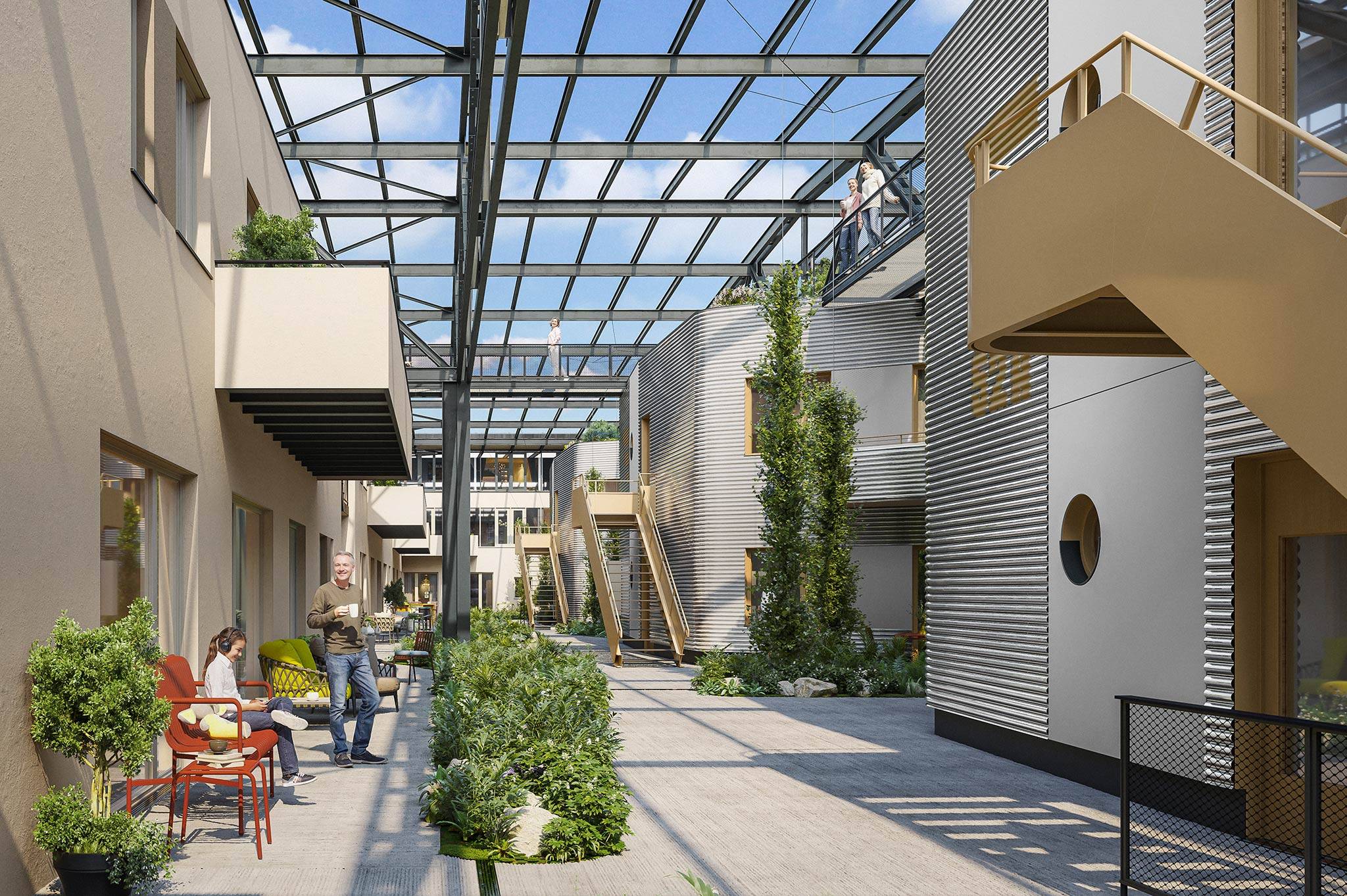 Unter dem Himmel von BUC-36®: Weite, Stahl und Grün prägen das Atrium der Endmontagehalle. Rankseile und Pflanzflächen schaffen Atmosphäre – zwischen Industriearchitektur und Freiraum für modernes Wohnen.